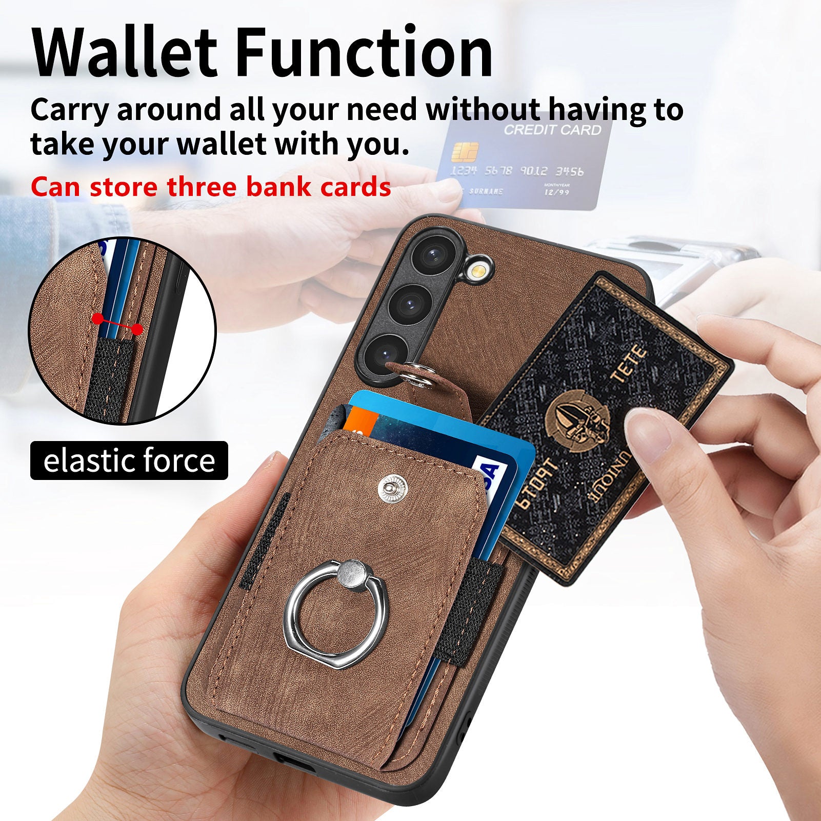 For Samsung Galaxy S23 Card Holder PU Leather PC TPU Cover with Ring Kickstand Phone Case For Samsung Galaxy S23 Card Holder PU Leather PC TPU Cover with Ring Kickstand Phone Case